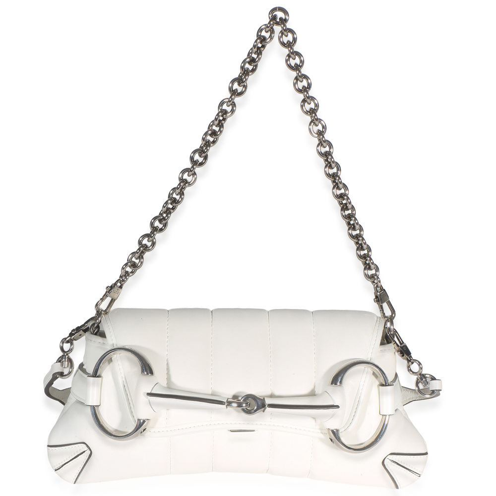 Gucci White Nappa Vertical Matelasse Small Horsebit Chain Shoulder Bag
